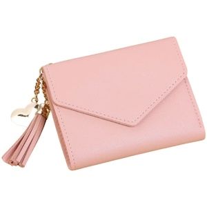 Light Pink Faux Leather Wallet Tassel & Gold Heart Charm Card Slots Bill NEW